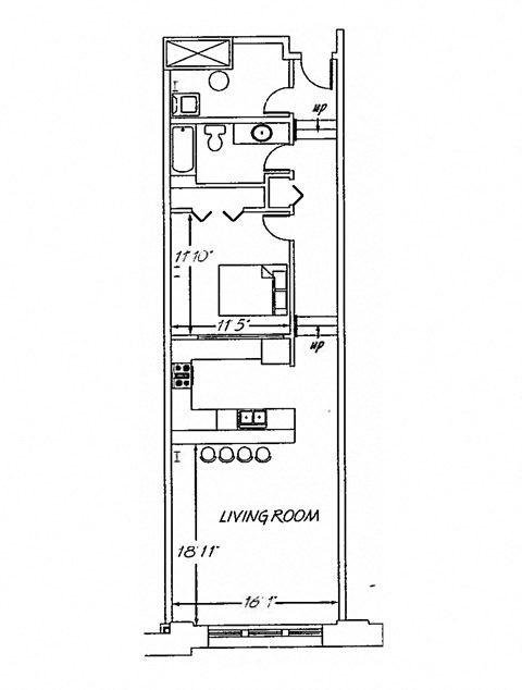 Floor plan for 1 bed, 1 bath, 908 sqft